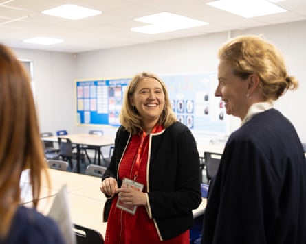 Georgia Gould chats to staff at Thomas Lord Audley school