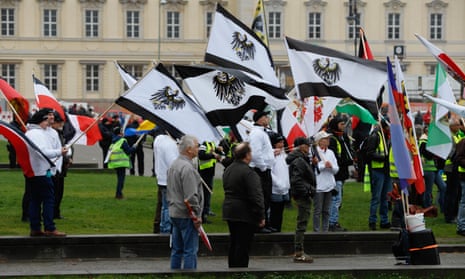 Members of the Reich Citizens' Movement organize a lift at the Lustgarten in the city of Berlin.