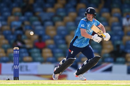 Jordan Cox of England bats during the 3rd One Day International between the West Indies and England at Kensington Oval