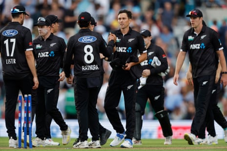 New Zealand's Trent Boult is congratulated by his teammates after taking a wicket during the 3rd Metro Bank ODI between England and New Zealand at The Kia Oval.
