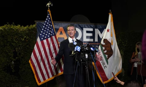 Gavin Newsom addresses reporters in Sacramento, California, on 14 September. 
