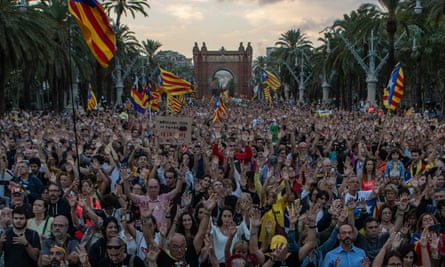 Catalonia’s pro-independence supporters march in Barcelona, Spain.