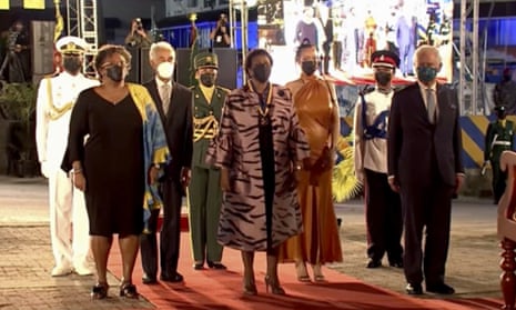 In this image made from video provided by Prime Minister's office, Barbados' Prime Minister Mia Mottley, left, former cricketer Garfield Sobers, center left, President Sandra Mason, center, singer Rihanna Fenty, center right, and Prince Charles, right, attend the presidential inauguration ceremony in Bridgetown, Barbados on Tuesday Nov. 30, 2021. Barbados stopped pledging allegiance to Queen Elizabeth II on Tuesday as it shed another vestige of its colonial past and became a republic for the first time in history.(Prime Minister's Office via AP)