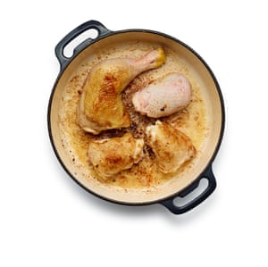 Brown the floured chicken in the same pan and fat as the lardons.