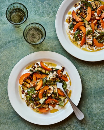 Max Rocha’s grilled courgette apricot stracciatella and roast almonds.