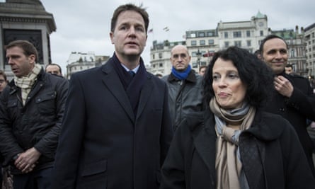 Sylvie Bermann with the then deputy prime minister Nick Clegg in Trafalgar Square in January 2015, during a ceremony for the victims of the Paris terror attacks of that month.