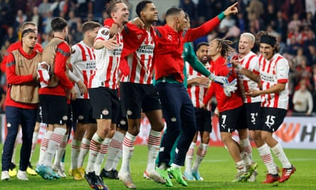 PSV Eindhoven celebrates their victory against Arsenal in the Europa League last season.