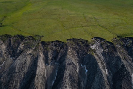 Aerial photo of green vegetation being eaten into as gullies form a serrated edge at the coastline