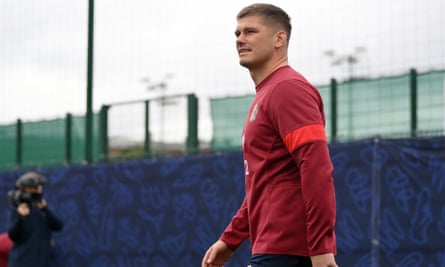 Owen Farrell of England looks on during a training session at Institut National du Sport