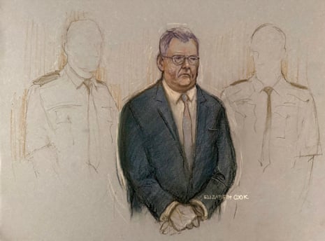 Court sketch of Jeffrey Donaldson in court stood between two faceless court staff.