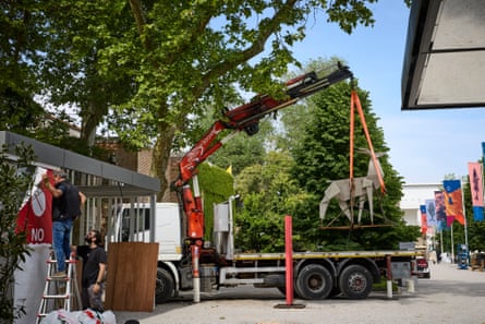 The Ukraine pavilion's Origama Deer being installed near to the entrance to the giardini.