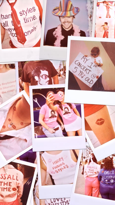 A collage of Polaroid-style photos showing concert fans with signs, accessories, and shirts at a music event