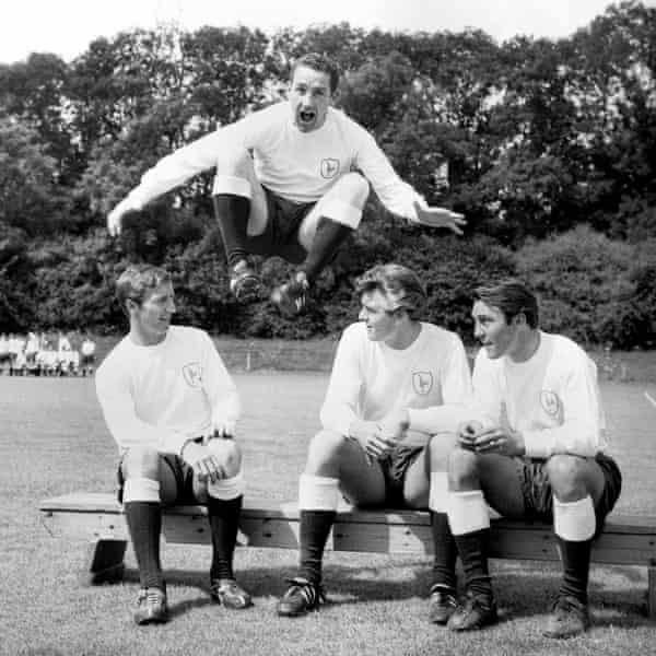 Dave Mackay leaps over his Tottenham teammates Cliff Jones, Ron Henry and Jimmy Greaves in 1965