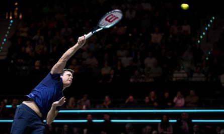 Milos Raonic in action against Jannik Sinner on the fifth day of the Rotterdam Open at Ahoy indoor arena on 16 February 2024