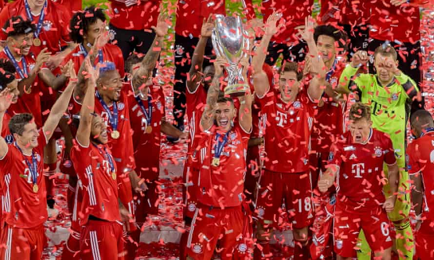 Lucas Hernandez holds the Uefa Super Cup after the win over Sevilla last September
