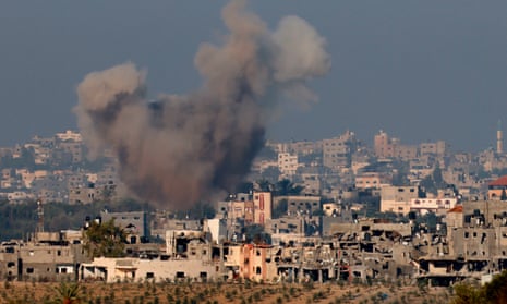 Smoke rises in the northern Gaza Strip following an Israeli airstrike, as seen from Sderot, Israel.