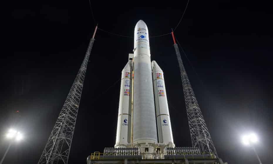 Arianespace's Ariane 5 rocket with NASAs James Webb Space Telescope onboard, is seen at the launch pad December 23, 2021 at Europes Spaceport, the Guiana Space Center in Kourou, French Guiana. 