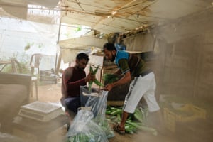 Kamal Mia and Srisu Basha packing vegetables