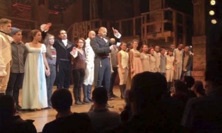 Actor Brandon Victor Dixon speaks from the stage after the curtain call at a performance of Hamilton Mike Pence attended in New York on 18 November 2016.