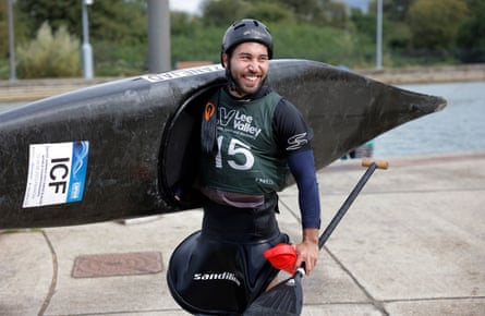 Amir Rezanejad Hassanjani, a refugee competitor originally from Iran, is all smiles after practicing on the Olympic Course during the final day of practice before the ICF Canoe Slalom World Championships 2023 at the Lee Valley White Water Centre.