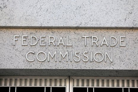 Signage is seen on the outside of the Federal Trade Commission headquarters.