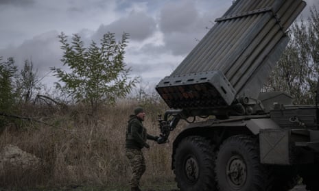 Soldiers of the 59th Motorized Brigade of the Ukrainian army prepare open fire on Russian positions with Grad rockets.