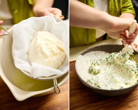 Side by side photo composite showing yoghurt in a cheesecloth-lined sieve, and hands stirring a spoon through herby labneh.