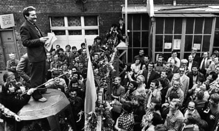 Lech Wałęsa speaks to workers during a strike at the Gdansk shipyard in 1980.