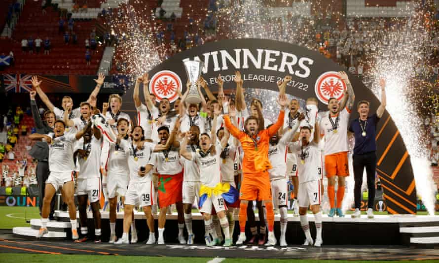 Eintracht Frankfurt’s Sebastian Rode lifts the trophy as they celebrate after winning the Europa League.