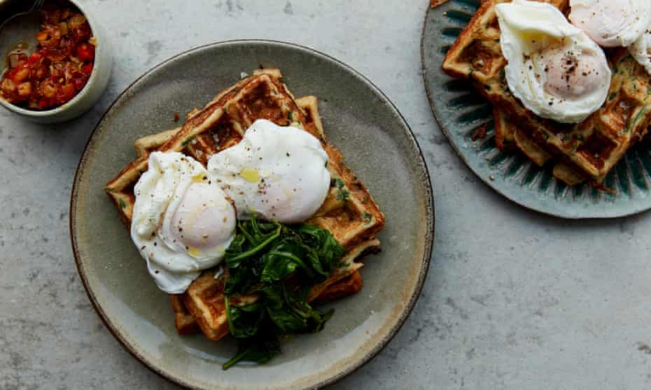 Savoury cream cheese waffles with spinach.