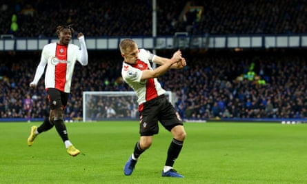 James Ward-Prowse of Southampton celebrates after scoring to make it 1-1 against Everton.