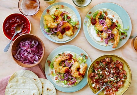 Baja prawn tacos with pickled onions and pico de gallo.