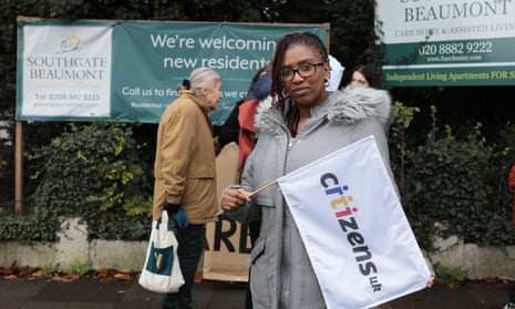 Dominique Edwards, a local teacher, at a protest about low pay outside a care home in Haringey.