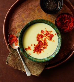 Thomasina Miers’ potato and leek soup with crispy ‘nduja crumb.