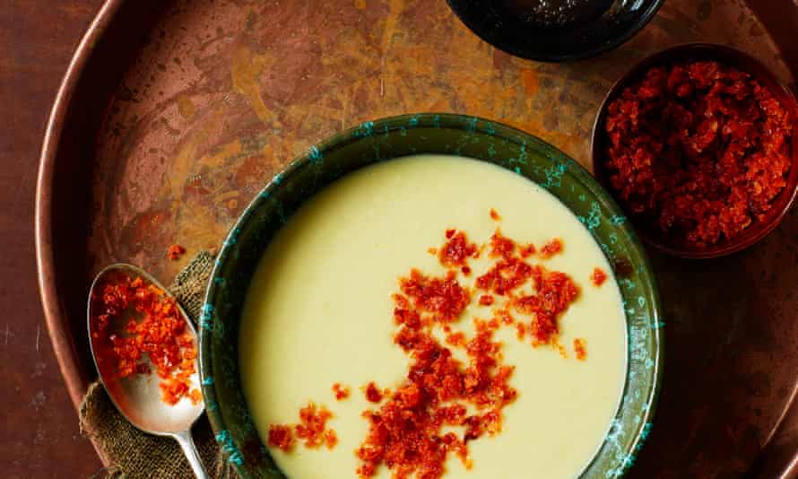 Thomasina Miers’ potato and leek soup with crispy ‘nduja crumb.