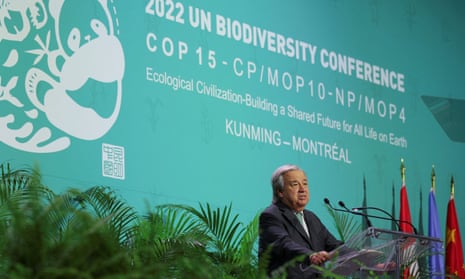 António Guterres, the UN secretary general, addresses the opening ceremony of the Cop15 biodiversity summit in Montreal, Canada.