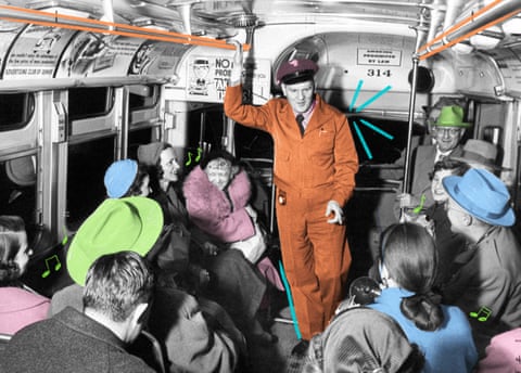 Illustration of a bus driver talking to a packed bus