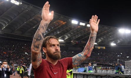 Daniele De Rossi waves to fans after the Uefa Champions League match between Roma and Liverpool in 2018, his penultimate season at the club
