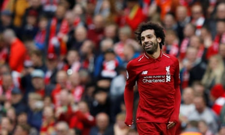 Mohamed Salah celebrates scoring Liverpool’s third goal against Southampton.