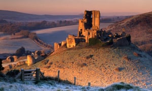 Sunrise at Corfe Castle from East Hill, Dorset.
