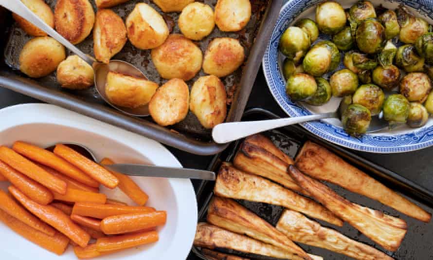 Potatoes, carrots, parsnips, brussels sprouts