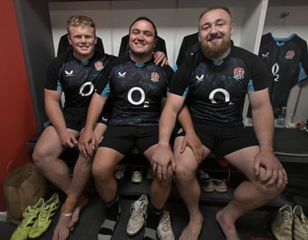 Finn Baxter, Jamie George and Joe Heyes pose for a picture in the changing rooms after during the test match between Argentina and England at Jorge Luis Hirschi Stadium on July 05, 2025