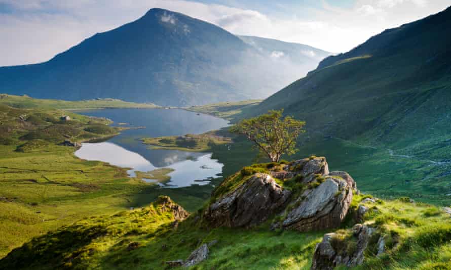 Llyn Idwal and the peak of Pen yr Ole Wen in the distance, in Snowdonia national park