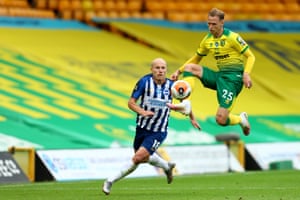 Ondrej Duda of Norwich City controls the high ball.