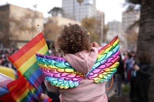 Seen from behind, a child wears rainbow-coloured wings and waves a rainbow flag among crowds