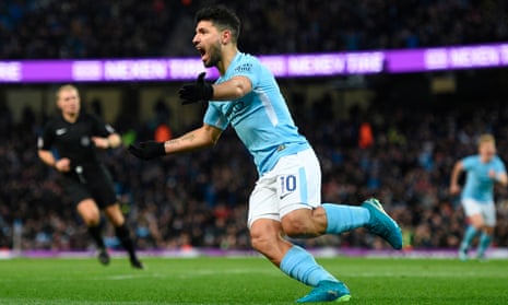 Sergio Agüero celebrates scoring his first goal, Manchester City’s equaliser in the 4-1 win against Burnley at the Etihad Stadium