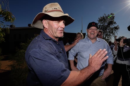 Scott Morrison meets former rugby league player turned farmer Shane Webcke in Quilpie during his visit to south-west Queensland.
