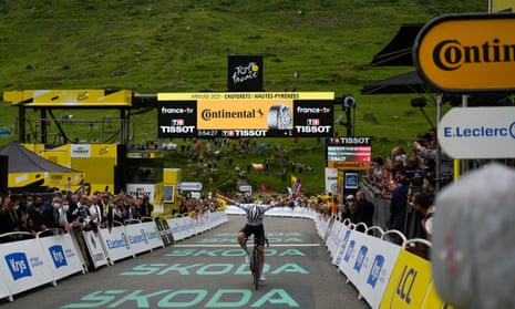 Slovenia’s Tadej Pogacar celebrates as he crosses the finish line to win the sixth stage of the Tour de France cycling race over 145 kilometers (90 miles) with start in Tarbes and finish in Cauterets-Cambasque.