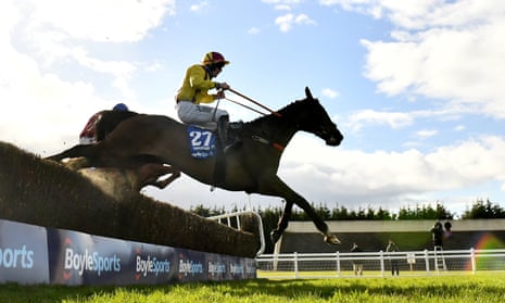 Freewheelin Dylan, with Ricky Doyle up, jumps the last on their way to winning the Irish Grand National.