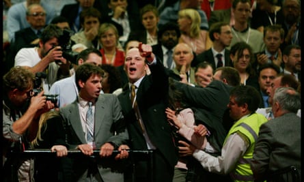 Pro-hunting protesters interrupting Tony Blair at the Labour party conference in Brighton in 2004.